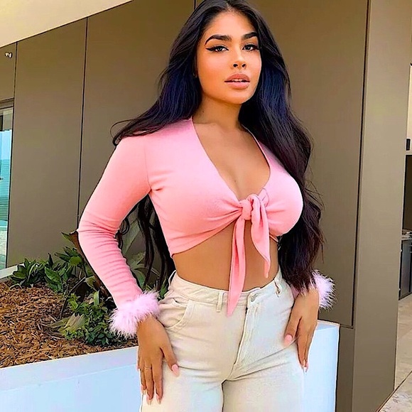 Pink long sleeve feather trim tie front crop top - Picture 3 of 16
